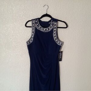 NWT Prelude by Xscape Elegant Navy Maxi Dress with Embellished Neckline